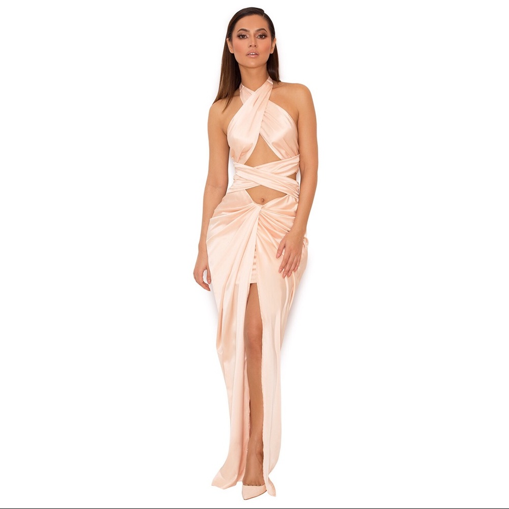 HOUSE OF CB “Cesare” pink satin halter dress